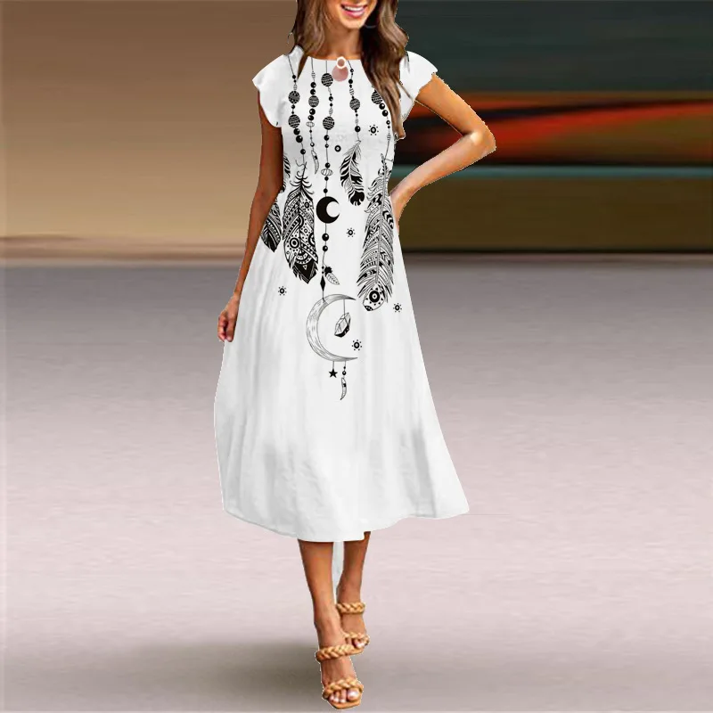 2022 New Summer Women's Clothes Short Sleeve Dress round Neck Vintage Print Dress Europe and America Border Foreign Trade