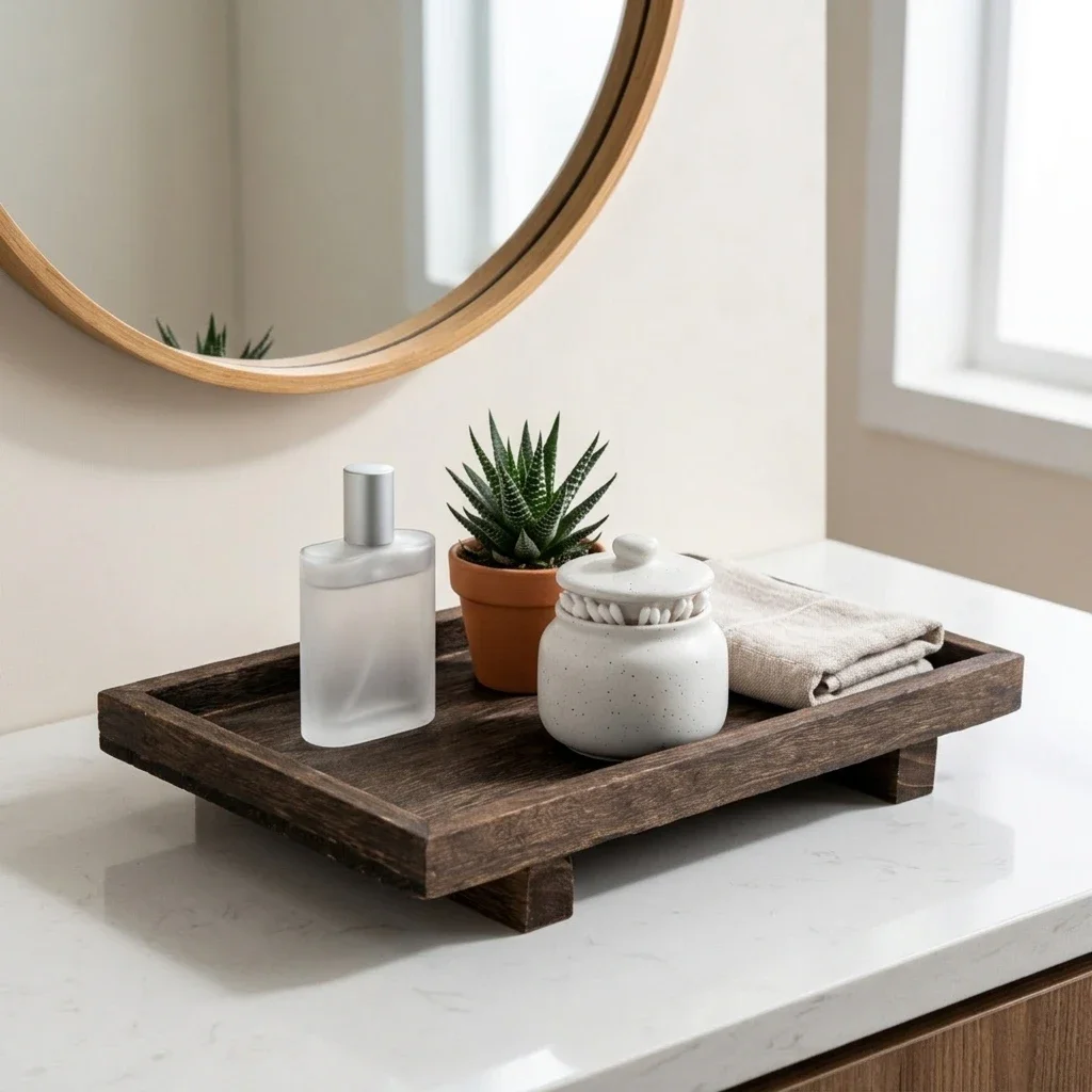Retro Wooden Desk Storage Tray Bathroom Cosmetics Organizer Perfume Decoration Jewelry Storage Shelf Anti-Slip Desk Decor Tray view 3