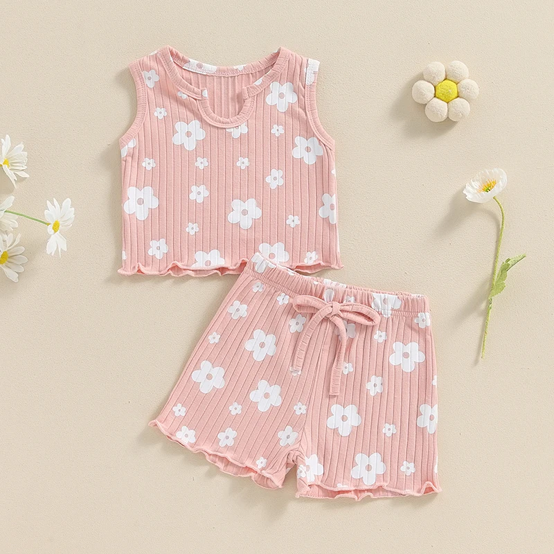 1-5Y Little Girls Summer 2PCS Sets Ribbed Knit Short Sleeve Round Neck Floral Print Vest Shorts Sets Sweety Girls Clothing Set