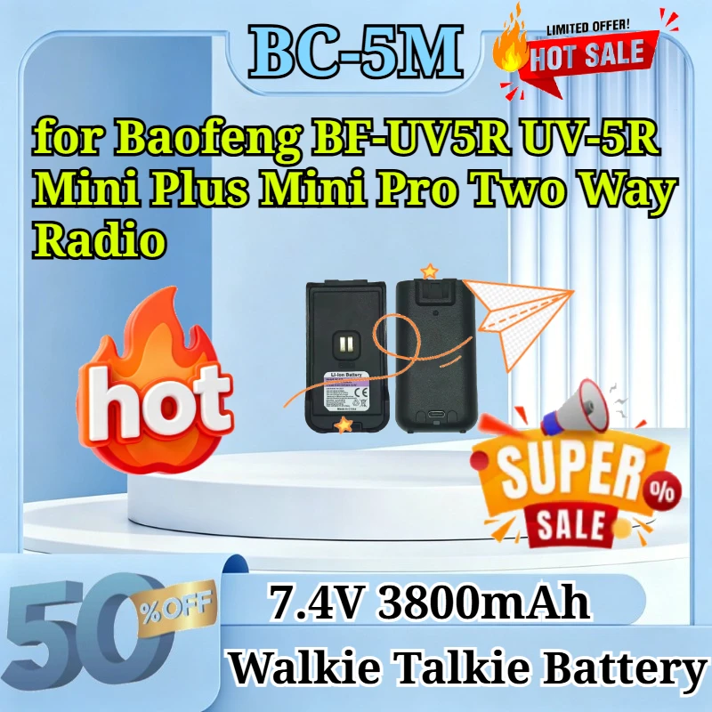 BC-5M 7.4V 3800mAh Walkie Talkie Battery Type-C Rechargeable Pack for Baofeng BF-UV5R UV-5R  Mini Plus Mini Pro Two Way Radio