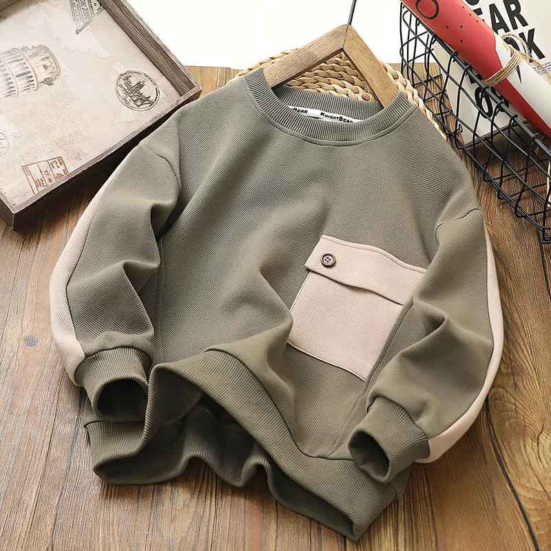 New 2023 Autumn Sweatshirt Boys Patchwork Cotton Pullover Fashion Clothes Tops Spring Big Kids Long Sleeves Coats Fall 4-14 Year