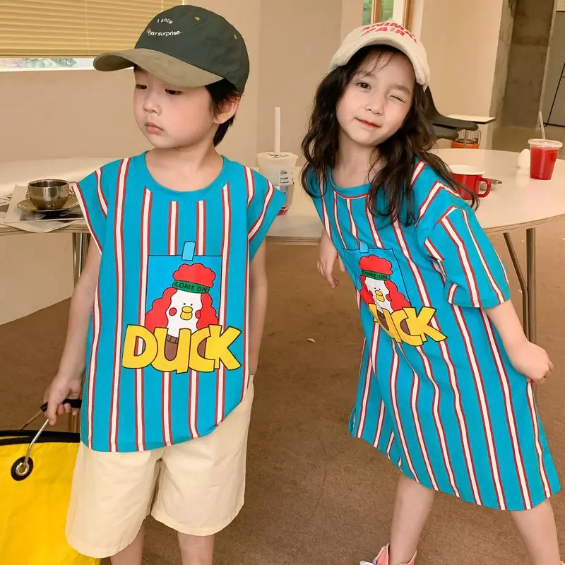 2024 Summer New Children Brother Sister Matching Clothes Boys Fashion Cartoon Print T-shirt Girls Casual Dress Sibling Outfits