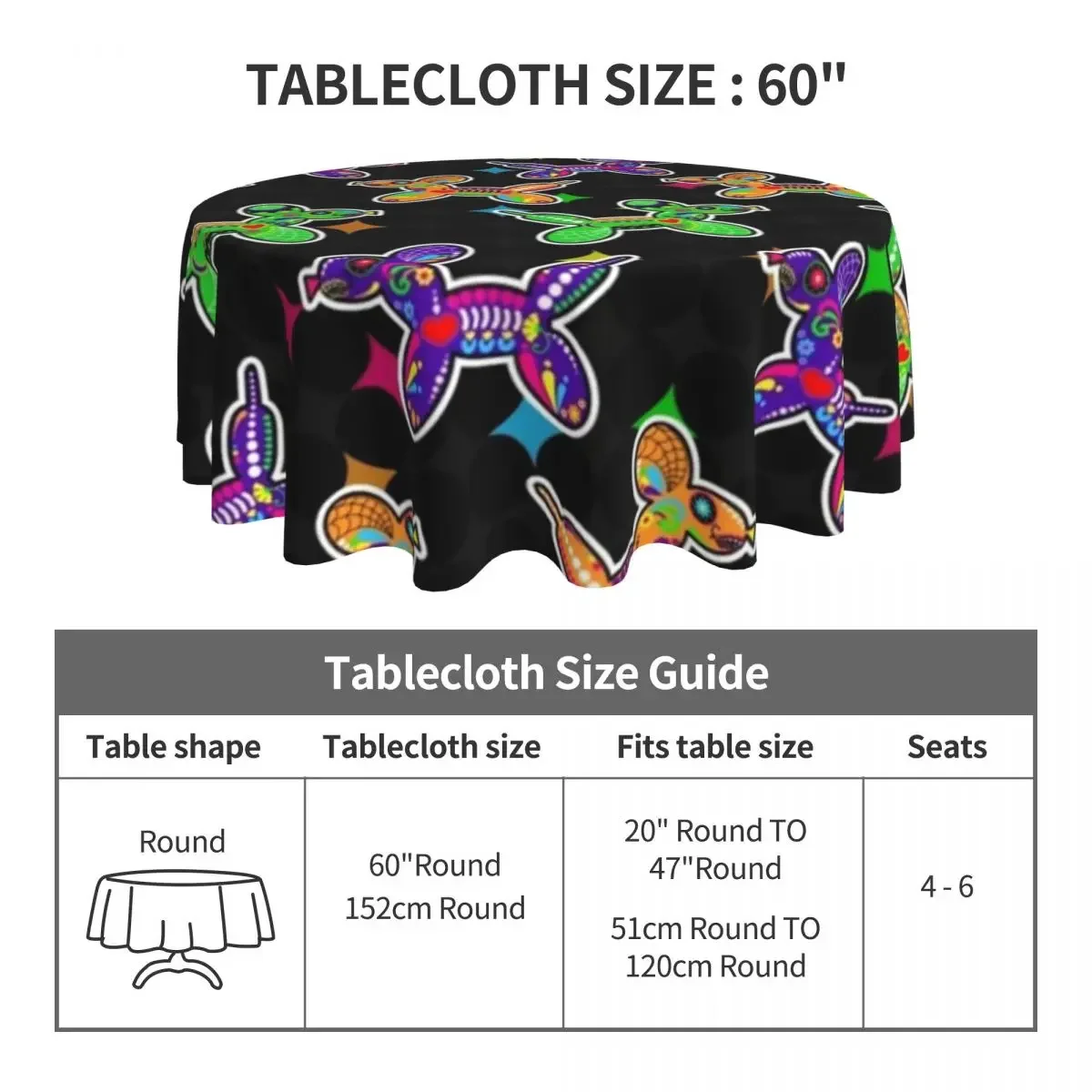 Sugar Skull Balloon Dogs Round Tablecloth Rainbow Graphic Table Cover For Kitchen Dining Room Fashion Waterproof Table Cover