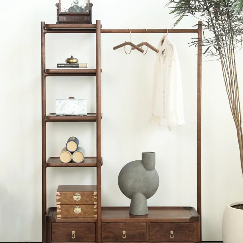 

New Chinese style coat rack black walnut floor-to-ceiling flower hanger solid wood door hall shoe cabinet porch