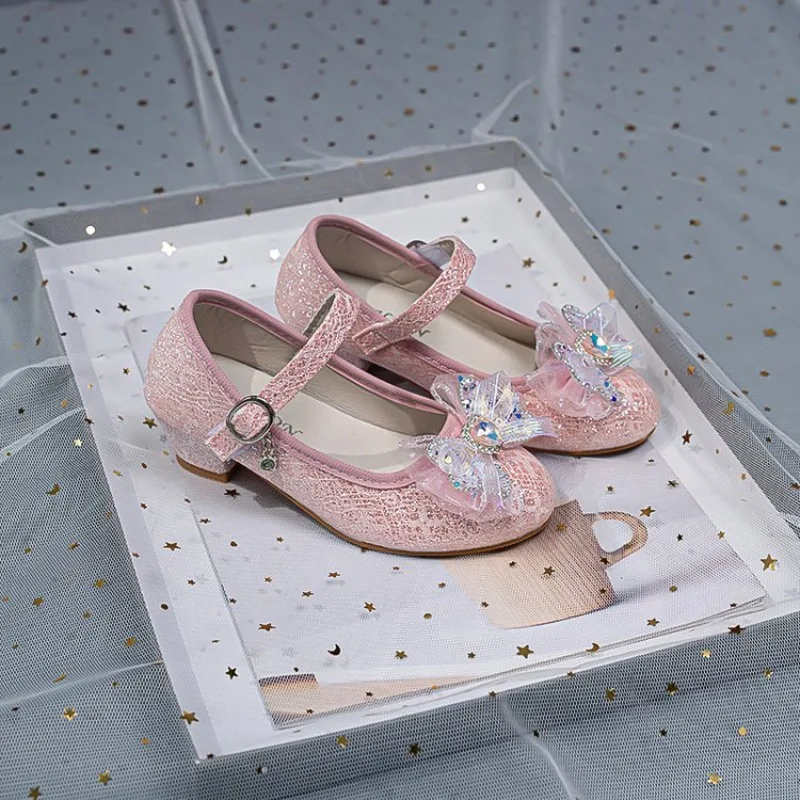 2026 New Princess Kids Leather Shoes for Girls Flower Casual Glitter Children High Heel Girls Shoes Butterfly Knot Pink Silver