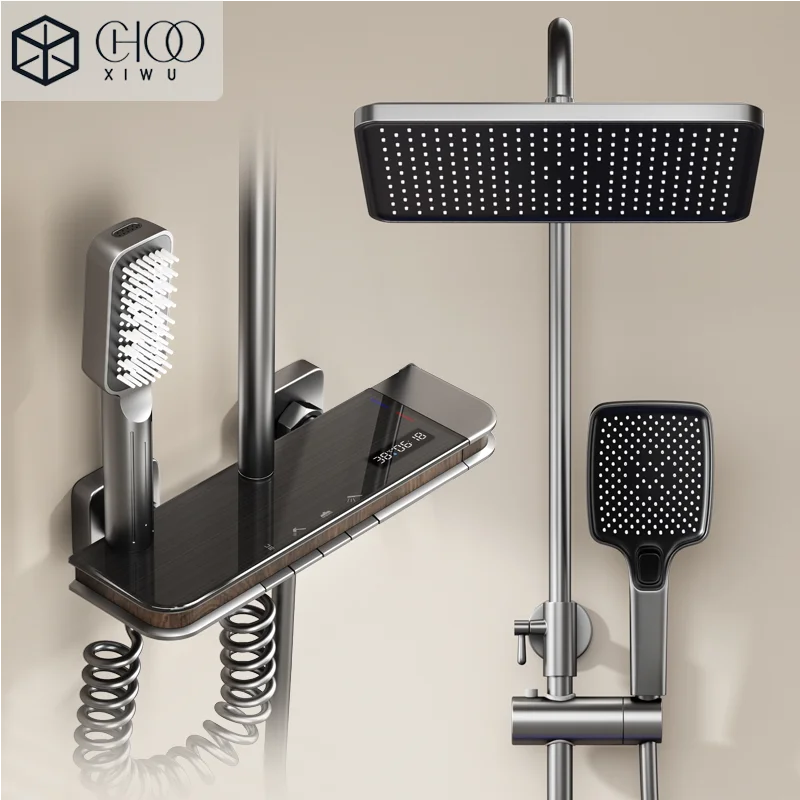 

Grey shower Set Four-Function Smart Digital Display Shower System Rainfall Pressurized Wall-mounted Piano Key Shower Faucet Set