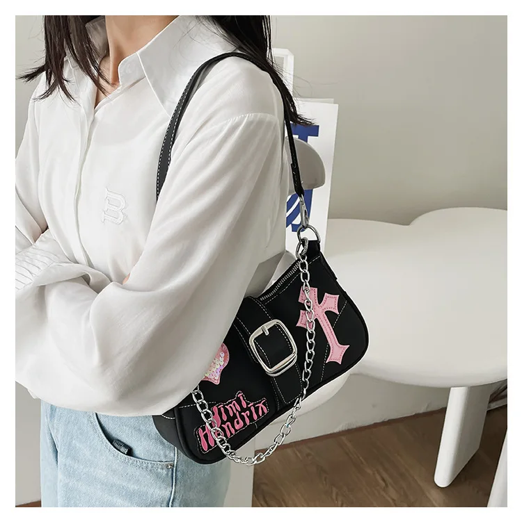 Y2K Süße Kühlen frauen Unterarm Tasche Heiße Mädchen Rosa Schulter Taschen Messenger Tasche Retro Design Weiblichen Kette Geldbörse Achselhöhle handtaschen – Detail 8