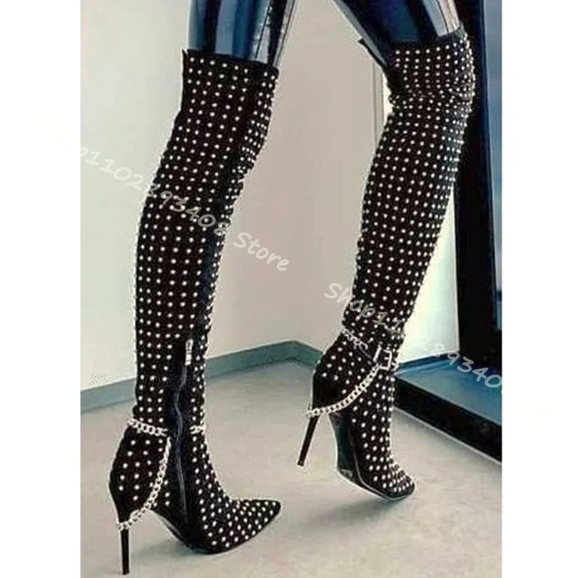 Black Chain Decor Rhinestone Boots Pointed Toe Side Zipper Stiletto Women Shoes Party Women Over Knee Boots Zapatos Para Mujere