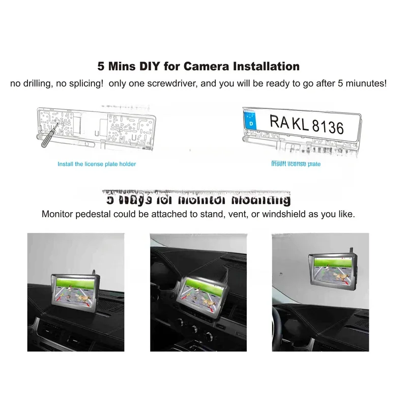 Alat Bantu Mundur Mobil Kamera Tampilan Belakang Lisensi Eropa Nirkabel Digital Surya 5 Inci Dengan Sensor Parkir Ultrasonik