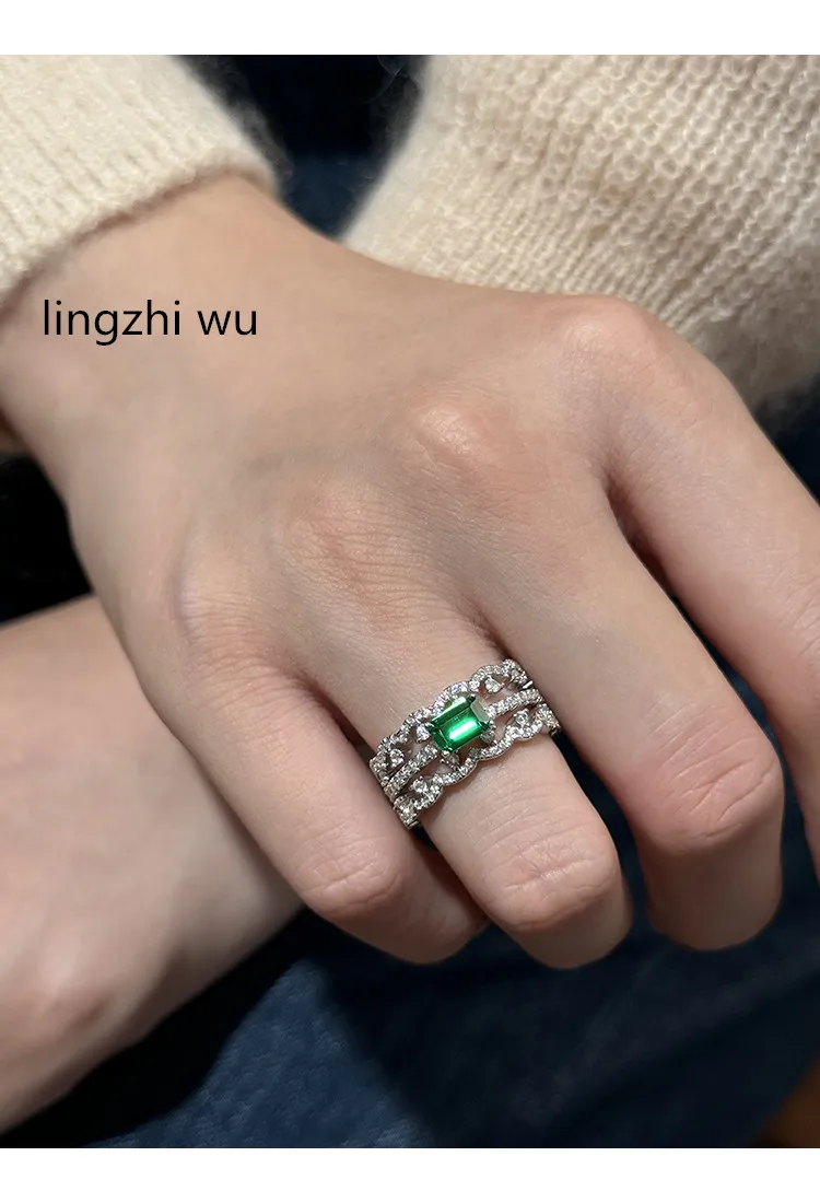 Lingzhi Wu-luxury silver ring 100% 925 sterling silver, Gemstone, green, open rings, new arrival, 2024