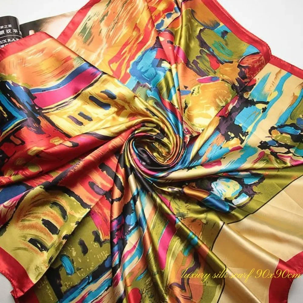 Valentine\'s Day gift 90x90cm chain oil painting flower women square scarf silk scarf shawl scarf