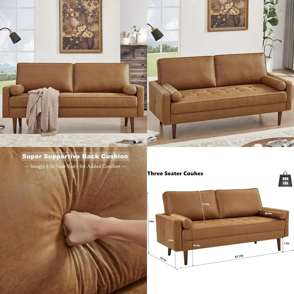 

Mid-Century Modern Faux Leather Sofa with Deep Seating, Tufted Love Seat, 2 Pillows, and Solid Wood Frame for Home Living Room