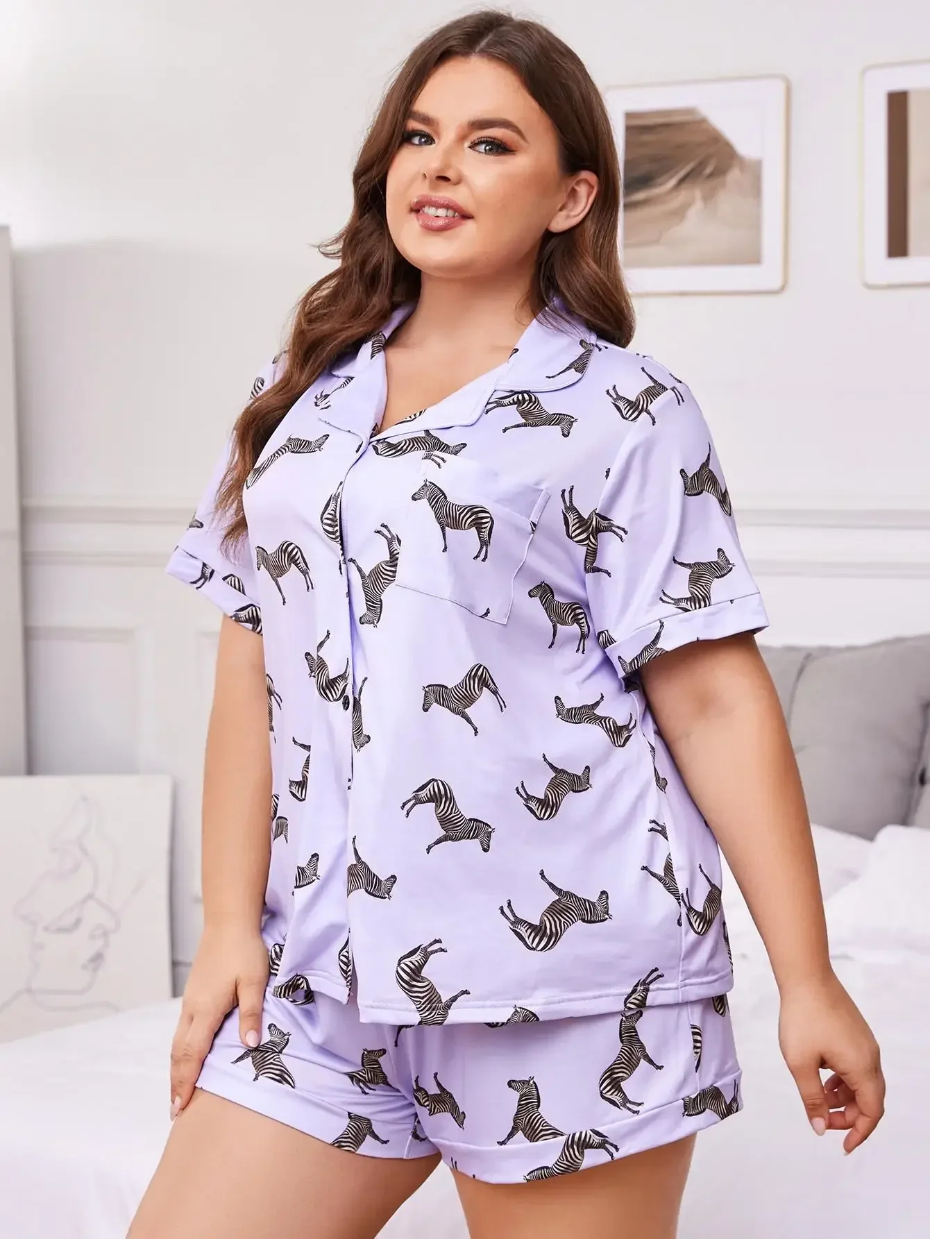 Horse Print Summer Women\'s Pajamas Set Notched Collar Top Tee & Elastic Waist Shorts Female 2 Pieces Sleepwear Nightwear