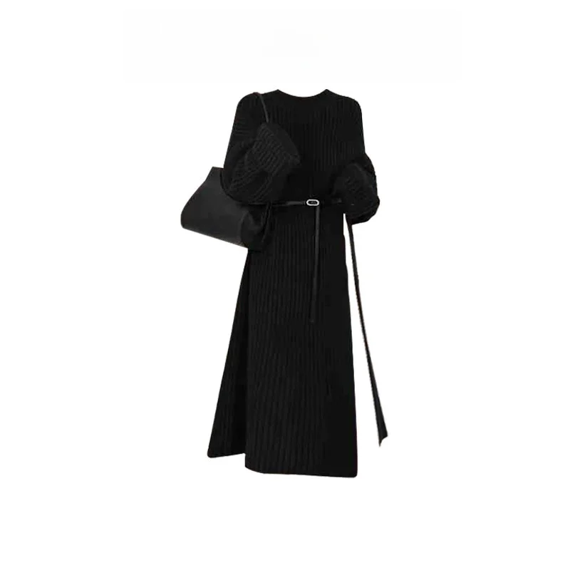 

Korean Sle Versatile Knitted Dr Long Sve Base Layer Set Autumn Faion Outerwear Coat Hepburn Sle Mid-Length Split