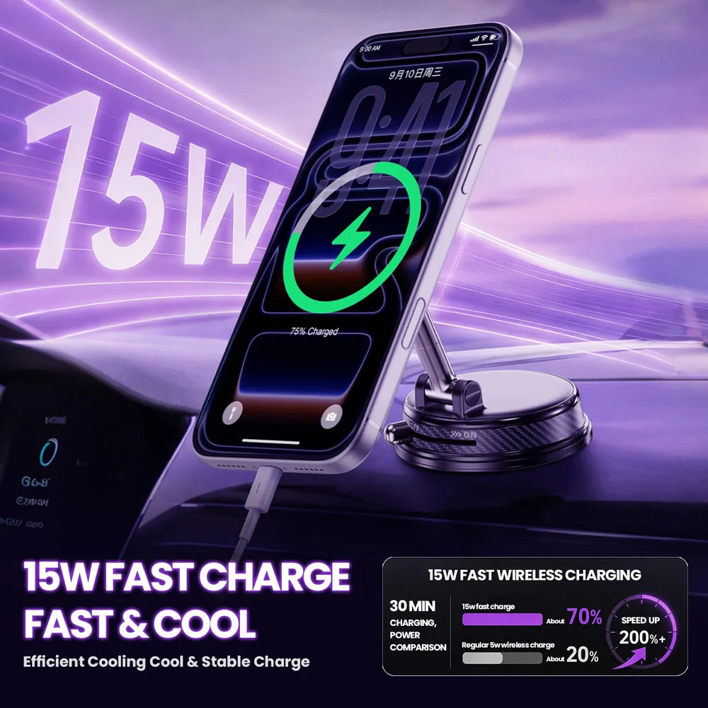 360° Rotatable Vacuum Magnetic Car Phone Holder Portable Foldable Multi-function Stand for Car Navigation Live Streaming -A14