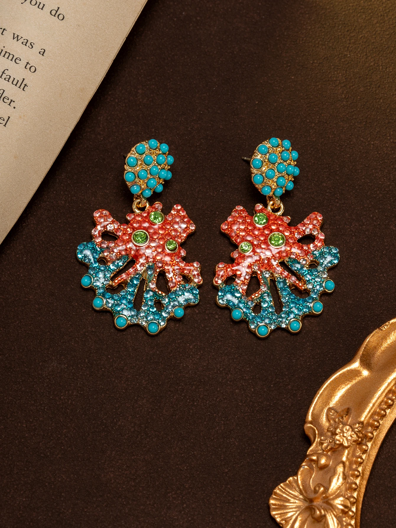 A Pair of Vintage Ocean Coral Red and Blue Enamel Colored Diamond Turquoise Round Bead Elaborate Holiday Long Earrings