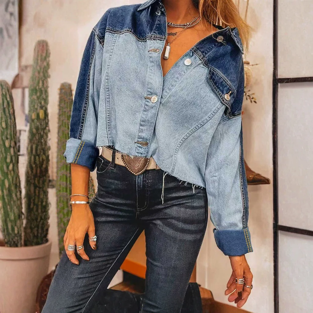 Women Color Block Patchwork Denim Jacket Cropped Raw Hem Loose Drop Shoulder Long Sleeve Casual Jean Coat