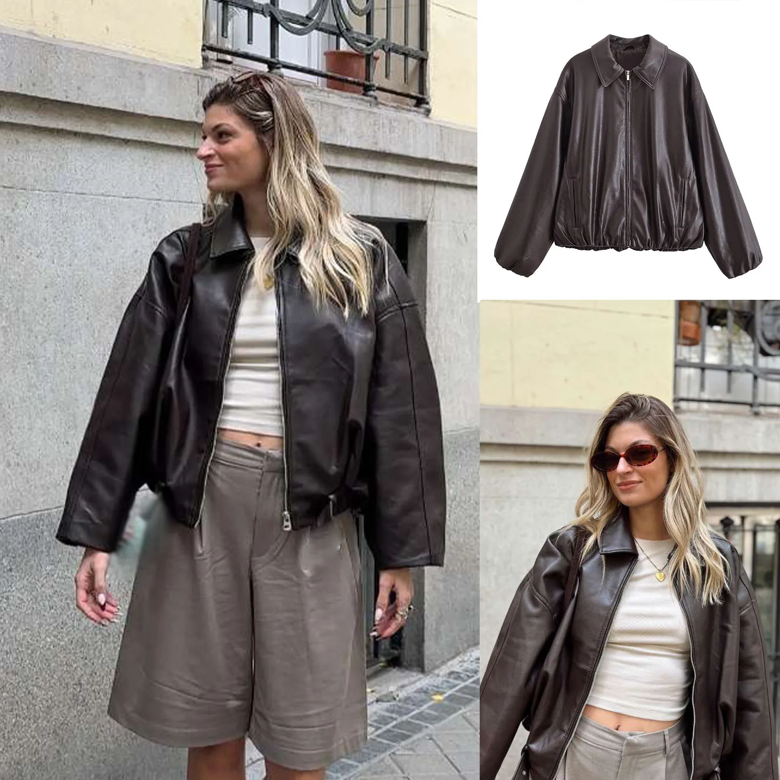 

HH Fashion Brown Leather Jacket For Women Zipper Side Pockets Elastic Hem Turn Down Collar Autumn Vintage Cropped Coats Outfits