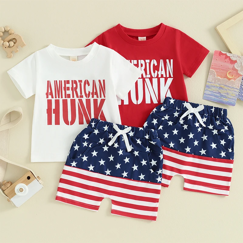 

Toddler Boys 4th of July Outfits Letter Print Short Sleeve T-Shirts Tops Star Stripe Shorts for 2pcs Vacation Clothes