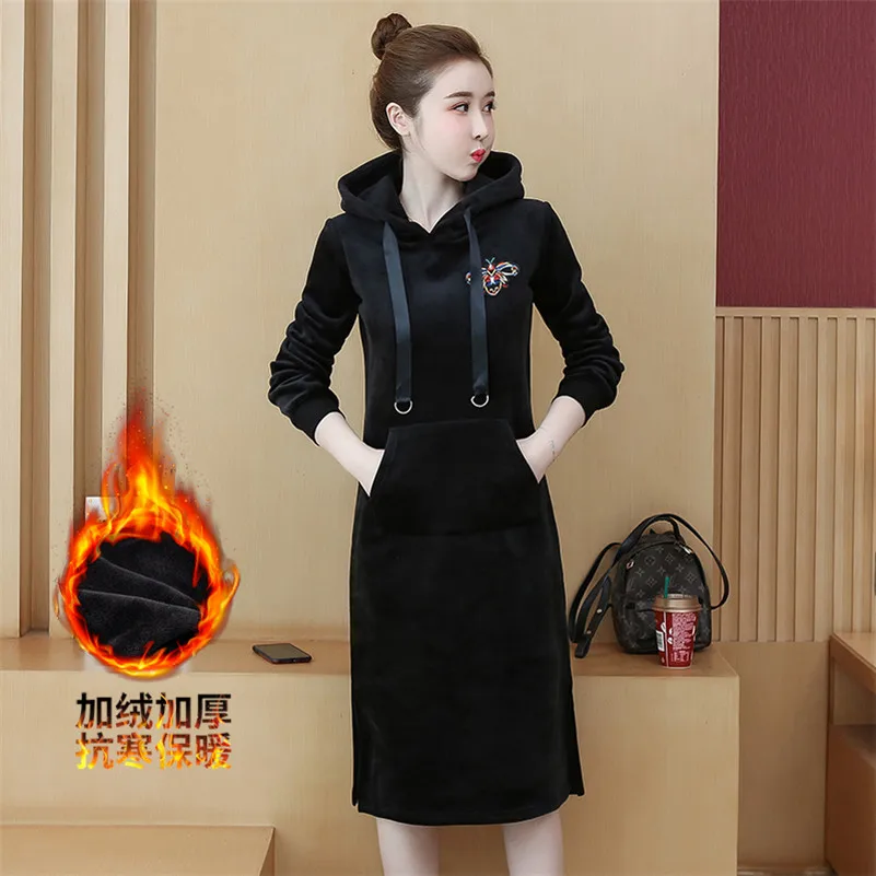 Long Sleeve Embroidery A-Line Party Dresses Women Autumn Winter Velvet Warm Dress Casual Solid Hooded Slim Dress womens clothing