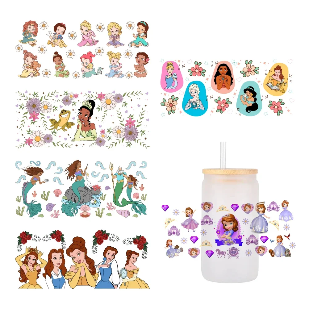 Disney Princess 16oz UV DTF Cup Wrap Cartoon Libbey Glass Beer Can Tumbler Transfer Stickers Waterproof Permanent Adhesive