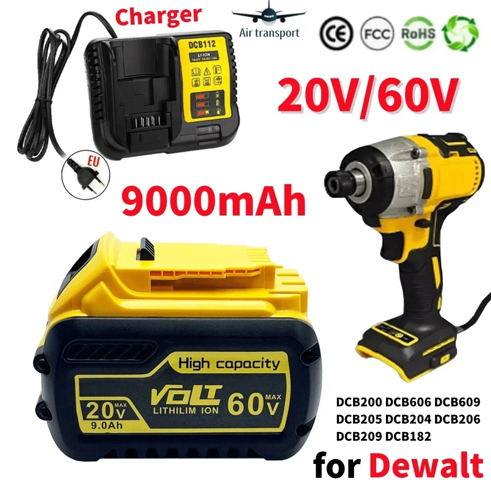 For Dewalt 9000mAh 20V/60V Rechargeable Battery DCB200 60V MAX Flexvolt Hammer DCB609 DCB205 DCB206 DCB209 Power Tool Battery