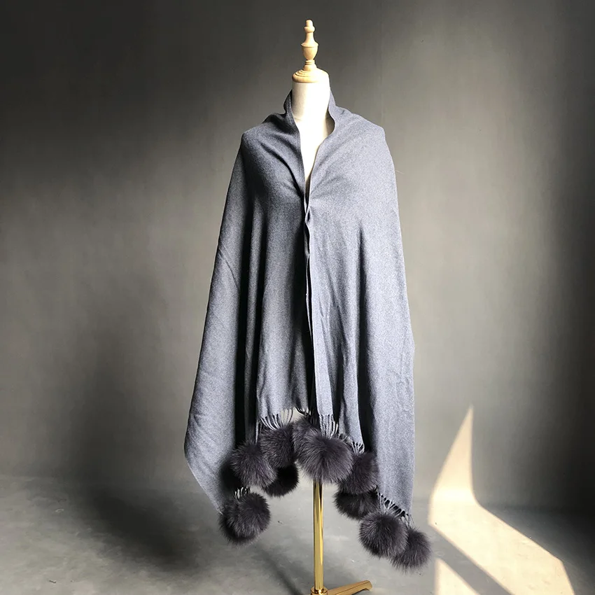 JANEFUR Cashmere Shawl Scarf Women Winter Fox Ball Fur Pom Pom Thick Pashminas Scarf JFD1-21012