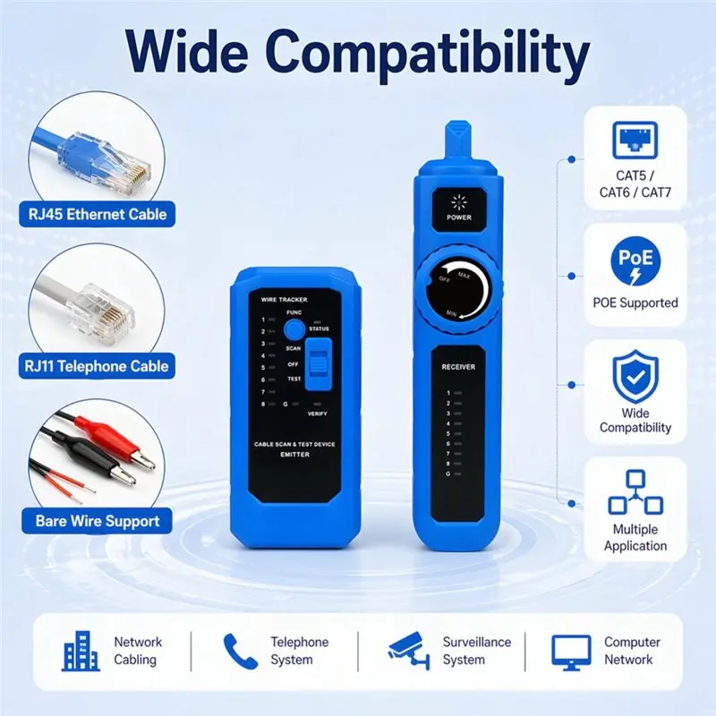 CYCLI-Ethernet LAN Network Cable Tester POE RJ45 RJ11 Telephone Wire Tracker Upgraded ABS Probe High Sensitivity Line Finder Loc