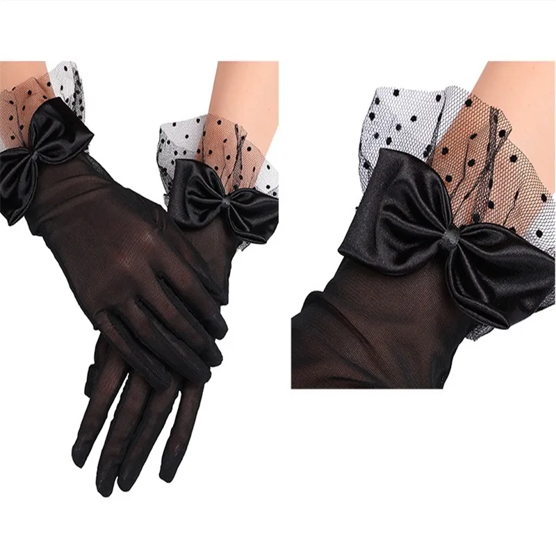 Women Black Summer Uv-proof Driving Gloves Mesh Fishnet Gloves Bride Chiffon Lace Mittens Full Finger Girls Lace Fashion Gloves