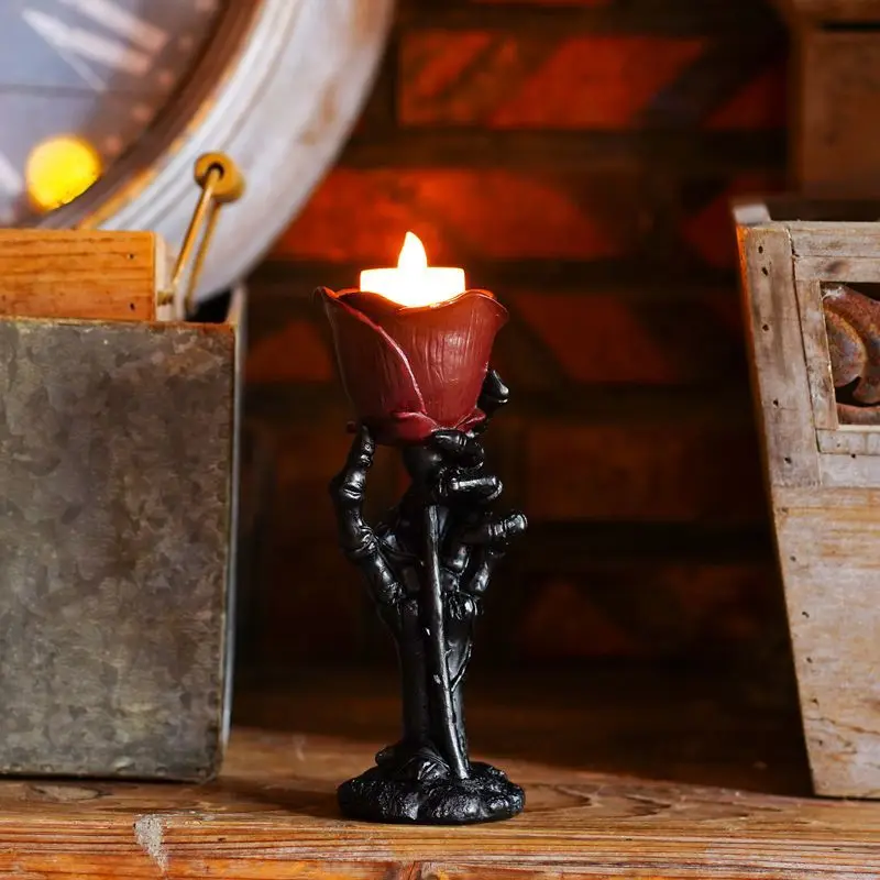 Halloween Skeleton Hand Rose Candlestick Decoration A Resin Home Retro Romantic Candlestick Atmosphere Decoration