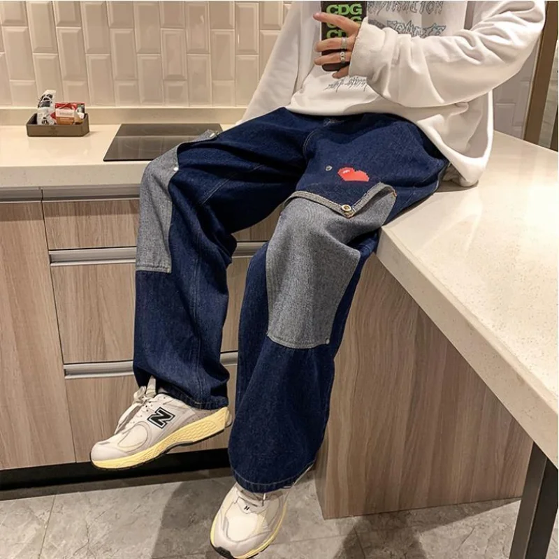 Spring Autumn High Street Casual Male Streetwear Men Jeans Patchwork Multi-Pocket Couple Denim Pants Beggar Style Cargo Pants