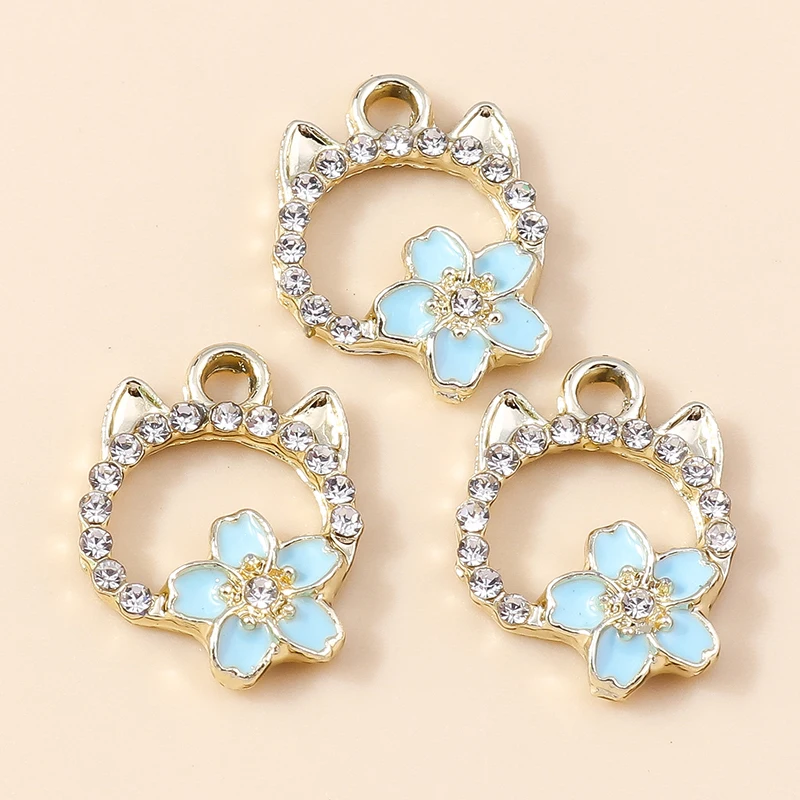 

20pcs 13x17mm Cartoon Crystal Animal Cat Charms Enamel Flower Charms Pendants for Jewelry Making DIY Necklaces Earrings Gifts