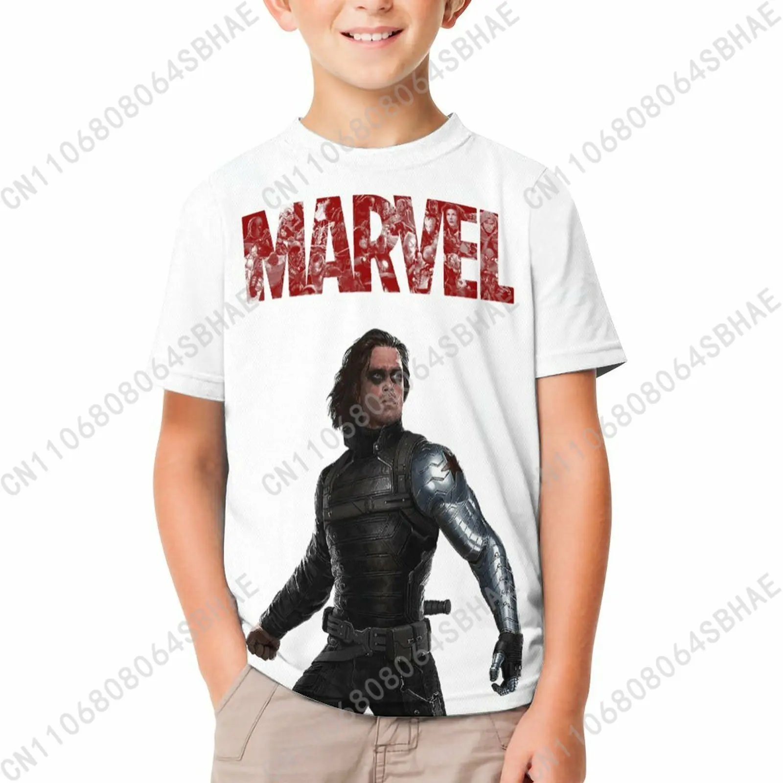 

Футболка Marvel Bucky Barnes для мальчиков и девочек, хлопковая футболка с короткими рукавами и принтом, удобная детская футболка с круглым вырезом, детская футболка для косплея