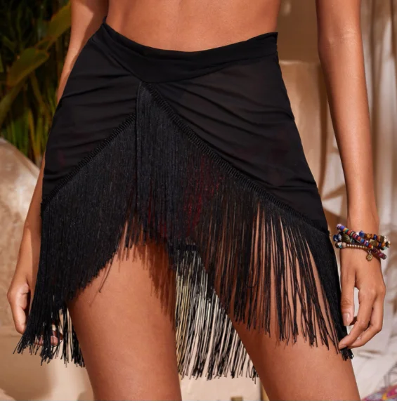 2023 Womens Tassel Latin Skirt Sexy Black Asymmetrical Fringed Ballet Samba Tango Dancing Costume Competition Stage Dancewear