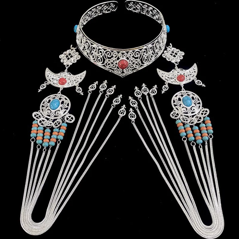 

Китайский монгольский элементарный сплав, посеребренная повязка на голову, головной убор с кисточками для невесты