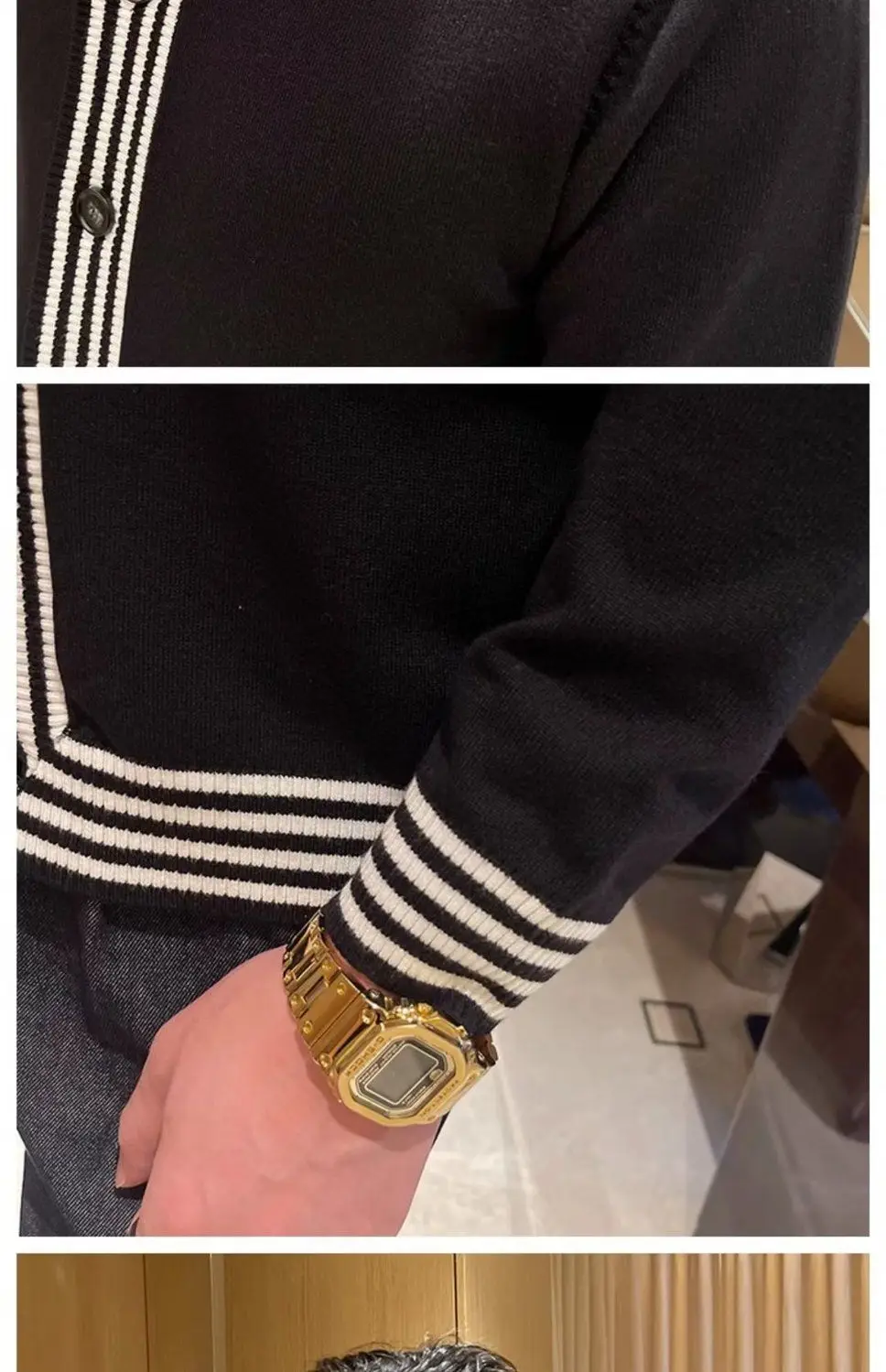 سترة صوفية مخططة راقية للرجال مع إحساس فاخر باللون الأسود وياقة واقفة سترة متماسكة بقصة ضيقة #6