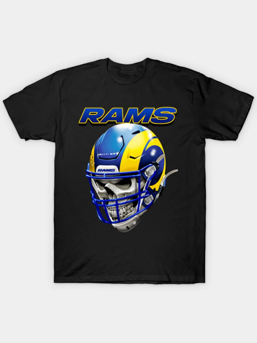 Men's Los Angeles Rams Skull Helmet Graphic T-Shirt, Team Print Crew Neck Black Short Sleeve Tee, Football Fan Game Day Streetwe