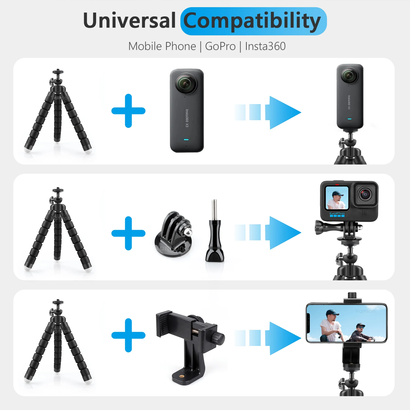 حوامل Vamson لـ Gopro Hero 12 11 10 9 8 7 ملحقات حامل ثلاثي الأخطبوط الصغير المرن باللون الأسود للهاتف Insta360 X3 DJI EKEN Drift