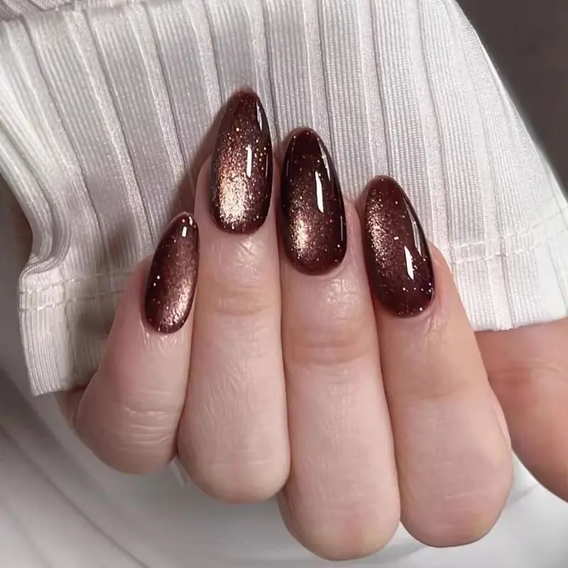 24 pièces faux ongles en forme d'amande marron couleur unie oeil de chat paillettes presse sur ongles en Gel Style fille épicée brillant amovible faux ongles