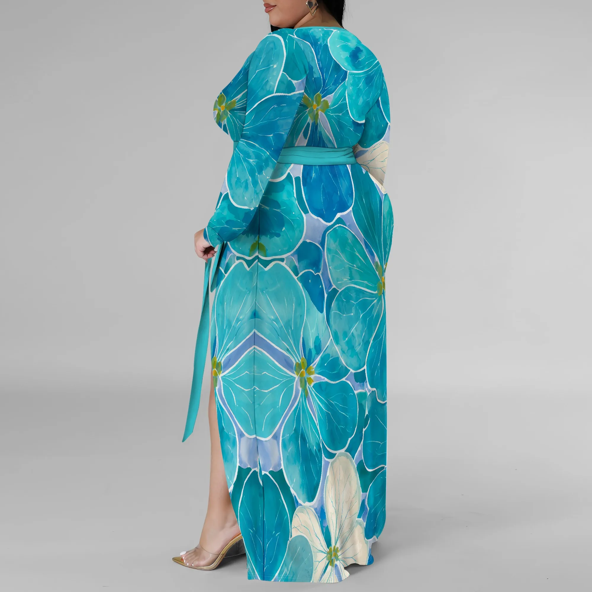 Nupusa Blue Floral Print Dress for Women Plus Size Casual V Neck Long Sleeve Belted Split Maxi Dress