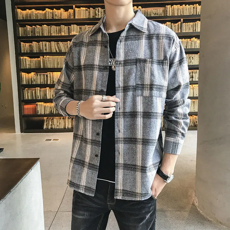 Spring Autumn Plaid Fashion Harajuku Shirt Men Loose Casual Korean Male Clothes Sport All Match Tops Long Sleeve Vintage Blouse