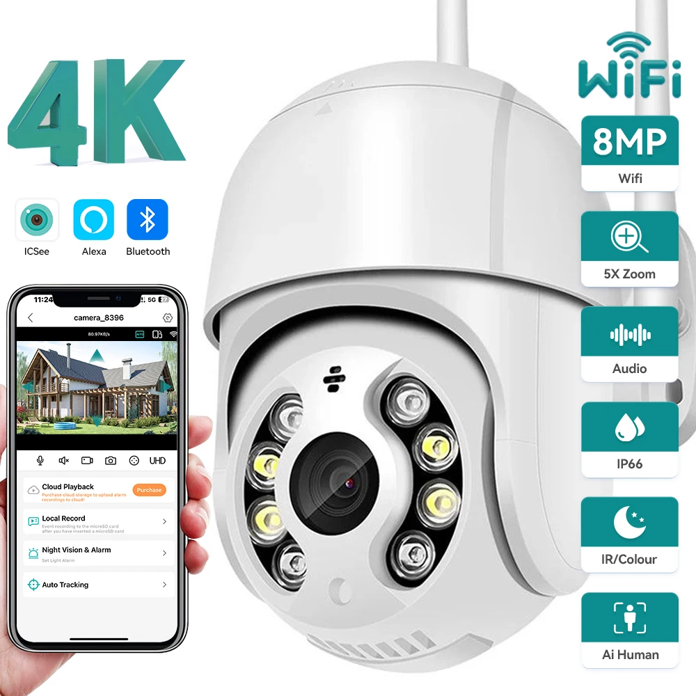 4K 8MP WiFi PTZ Surveillance 4X Digital Zoom 5MP CCTV Camera ICSee H.265 Outdoor 4MP Motion Auto Tracking Security Camera ICsee