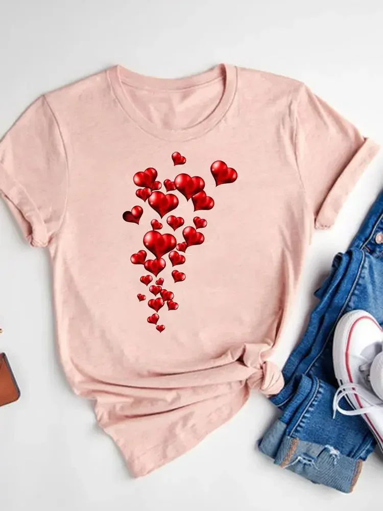 Women\'s Watercolor Love Heart Print T-Shirt Short Sleeve Tee Basic Clothing Summer Top Graphic Clothes Sweet Fashion