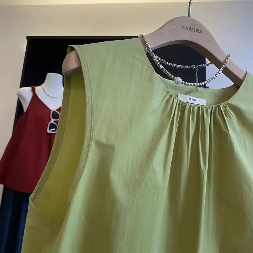 Korean Loose Fit Round Neck Sleeveless Vest 2025 Summer Women's Pure Top Split at Back Shirt