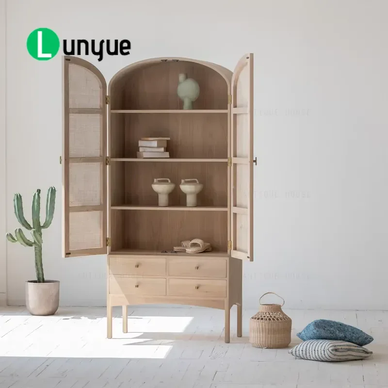 Natural Oak Rattan Cabinet Vintage Bohemian Wooden Wardrobe with Drawer Contemporary Organic Accent Furniture for Living Room