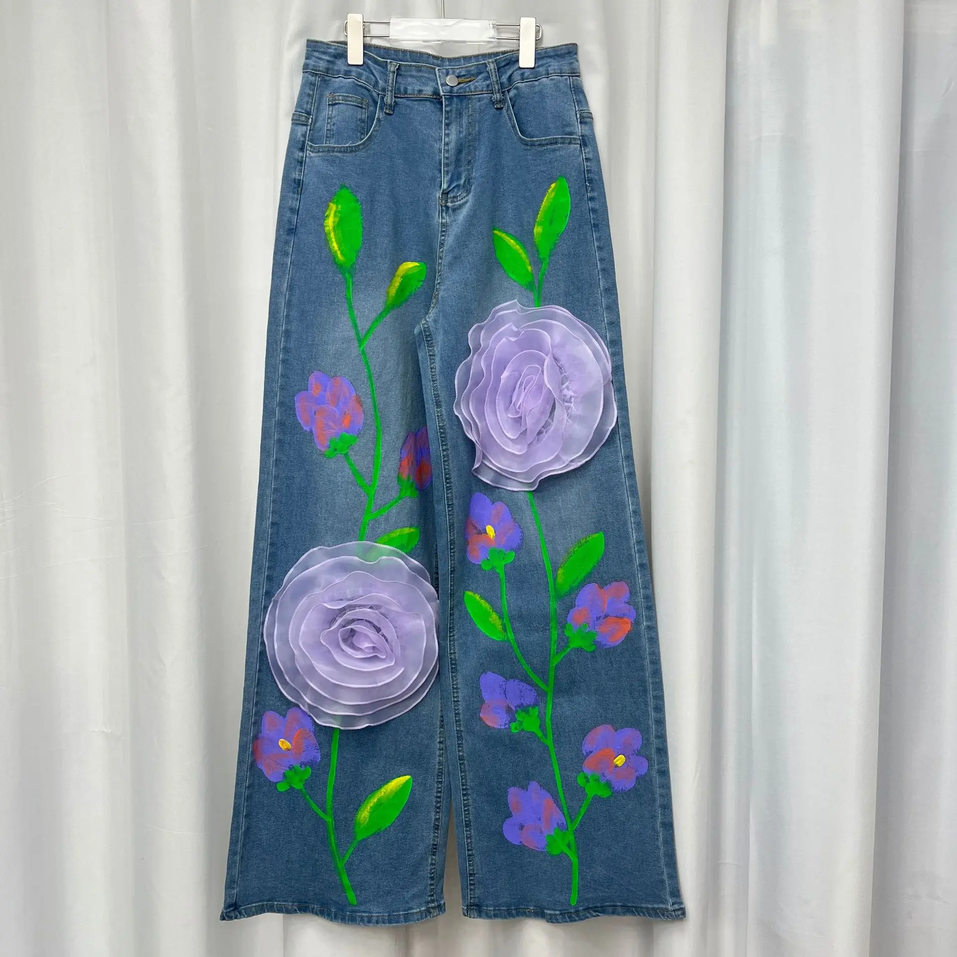 

Женские джинсы с высокой талией и широкими штанинами - с ручной росписью цветами, 3D аппликацией из органзы, джинсовые брюки