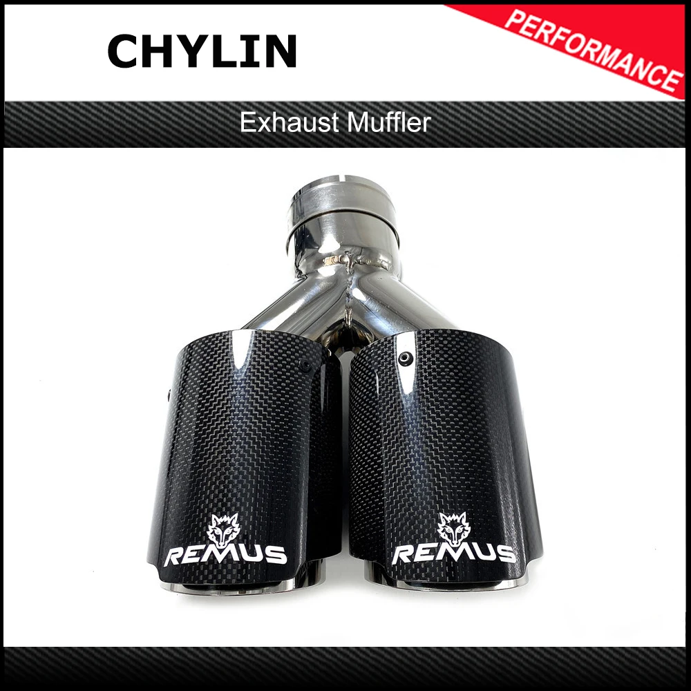 1Pcs Universal Dual Exhaust Tip Glossy Carbon Fiber Exhaust Pipe Tail Quad Exhaust Muffler Tip With Remus Logo