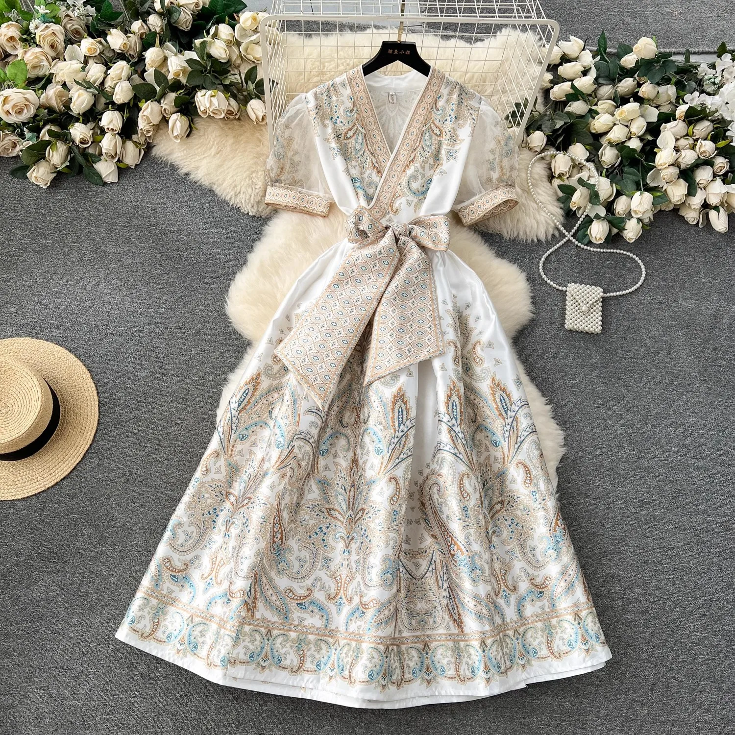 

JAMERARY Summer Bohemian Floral Midi Dresses Women Short Puff Sleeve Cross V Neck Flower Print Bandage Lace Up Robe Long Vestido