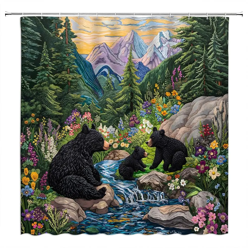 

Waterproof Bear Family Forest Landscape Shower Curtain Floral Mountain Nature Bathroom Decor Print Large Size 180x180cm