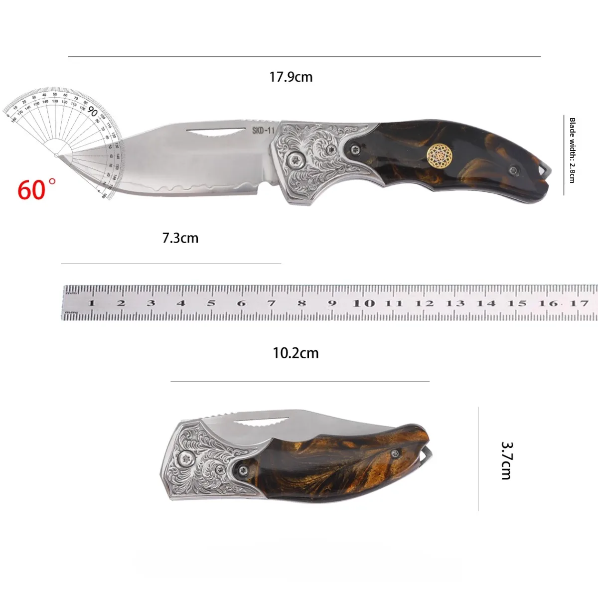 سكين جيب محمول قابل للطي مصنوع من الفولاذ ثلاثة في واحد ومقبض من الراتنج أداة قطع محمولة خارجية هدية بدون قفل